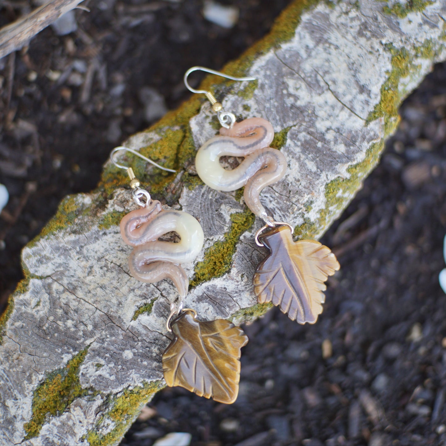 Tigers Eye Leaf Worm Earrings