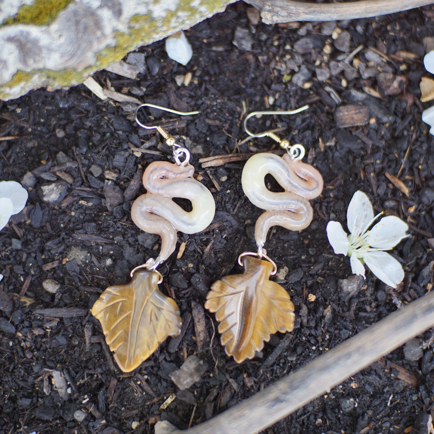 Tigers Eye Leaf Worm Earrings