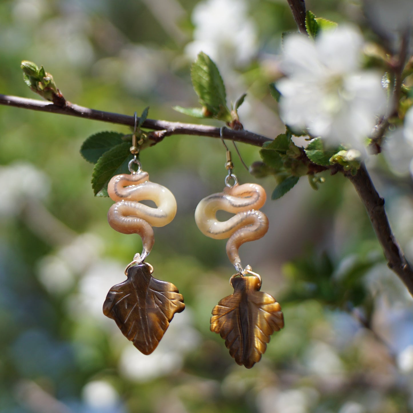 Tigers Eye Leaf Worm Earrings