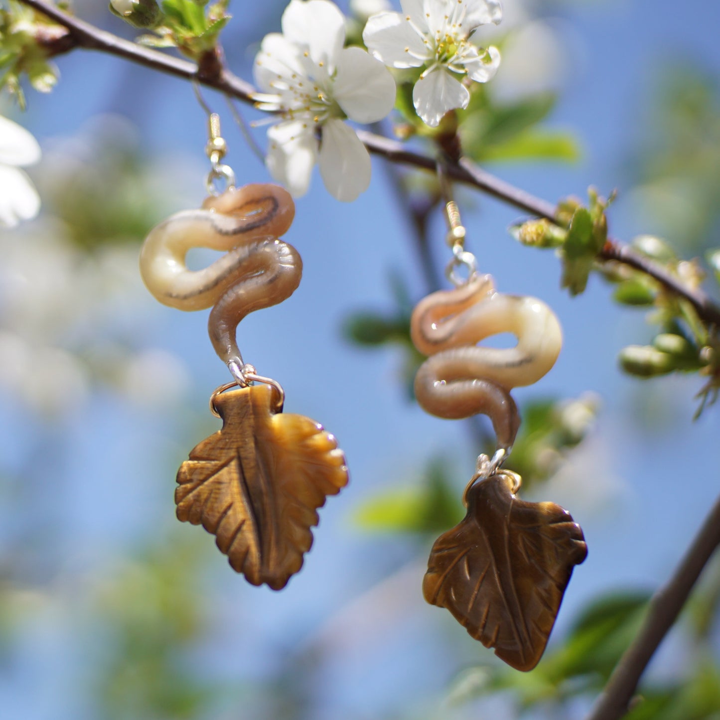 Tigers Eye Leaf Worm Earrings