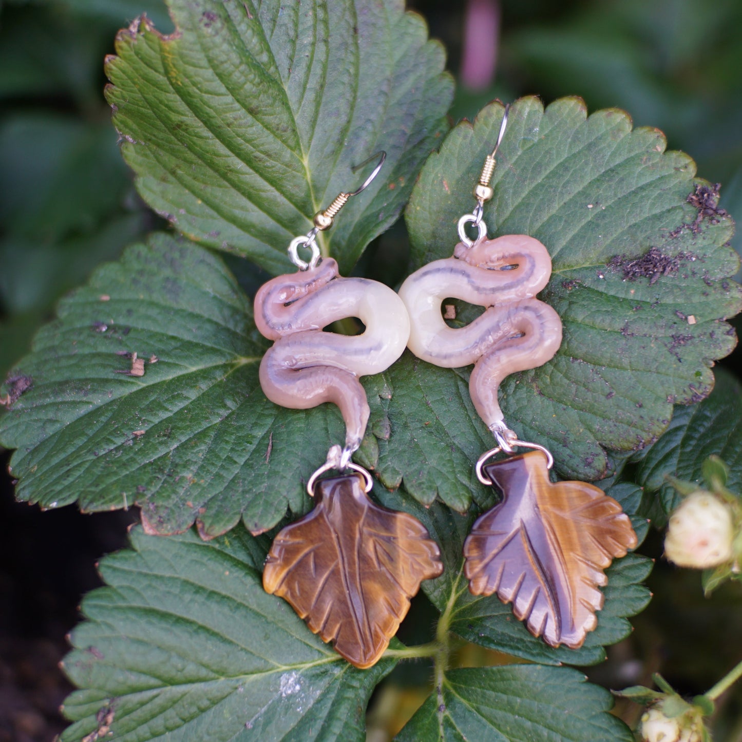 Tigers Eye Leaf Worm Earrings
