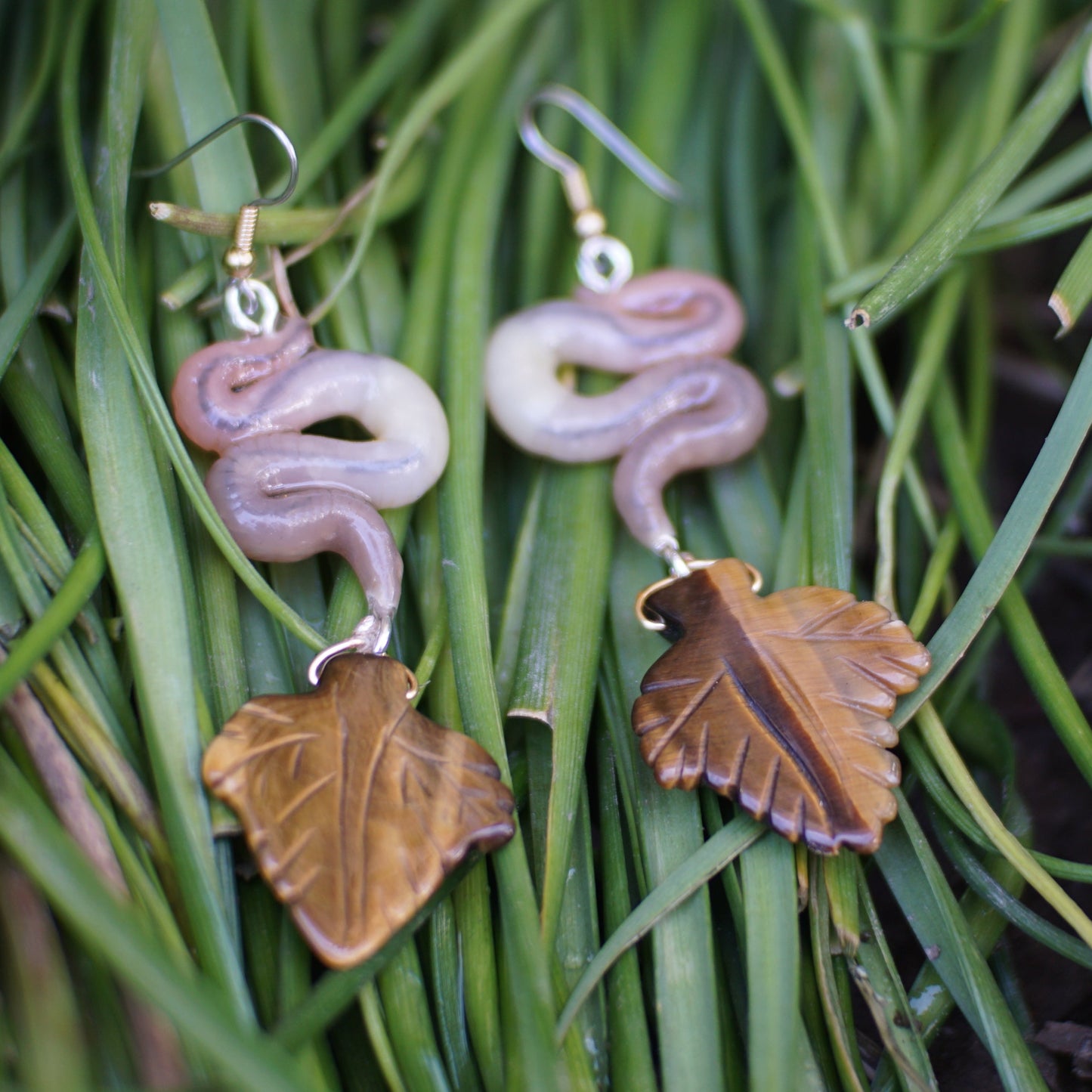 Tigers Eye Leaf Worm Earrings
