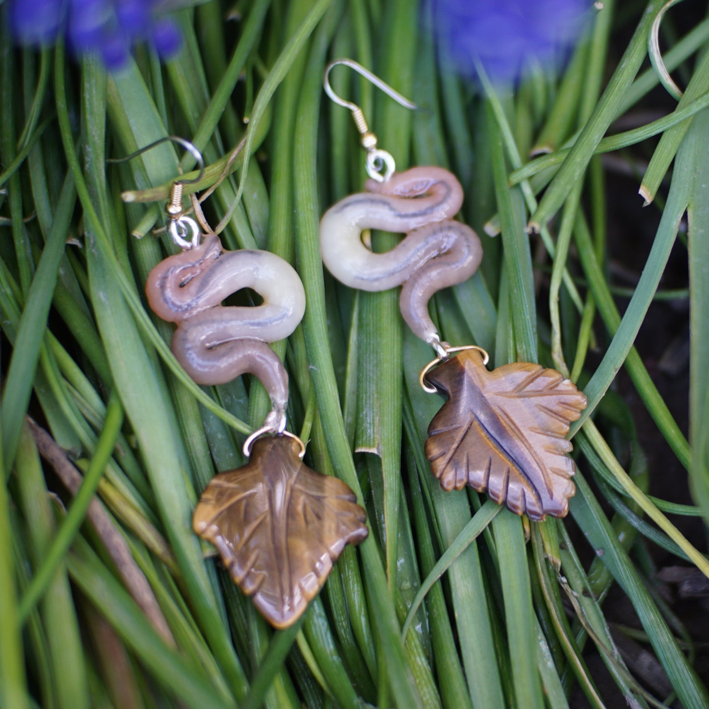 Tigers Eye Leaf Worm Earrings