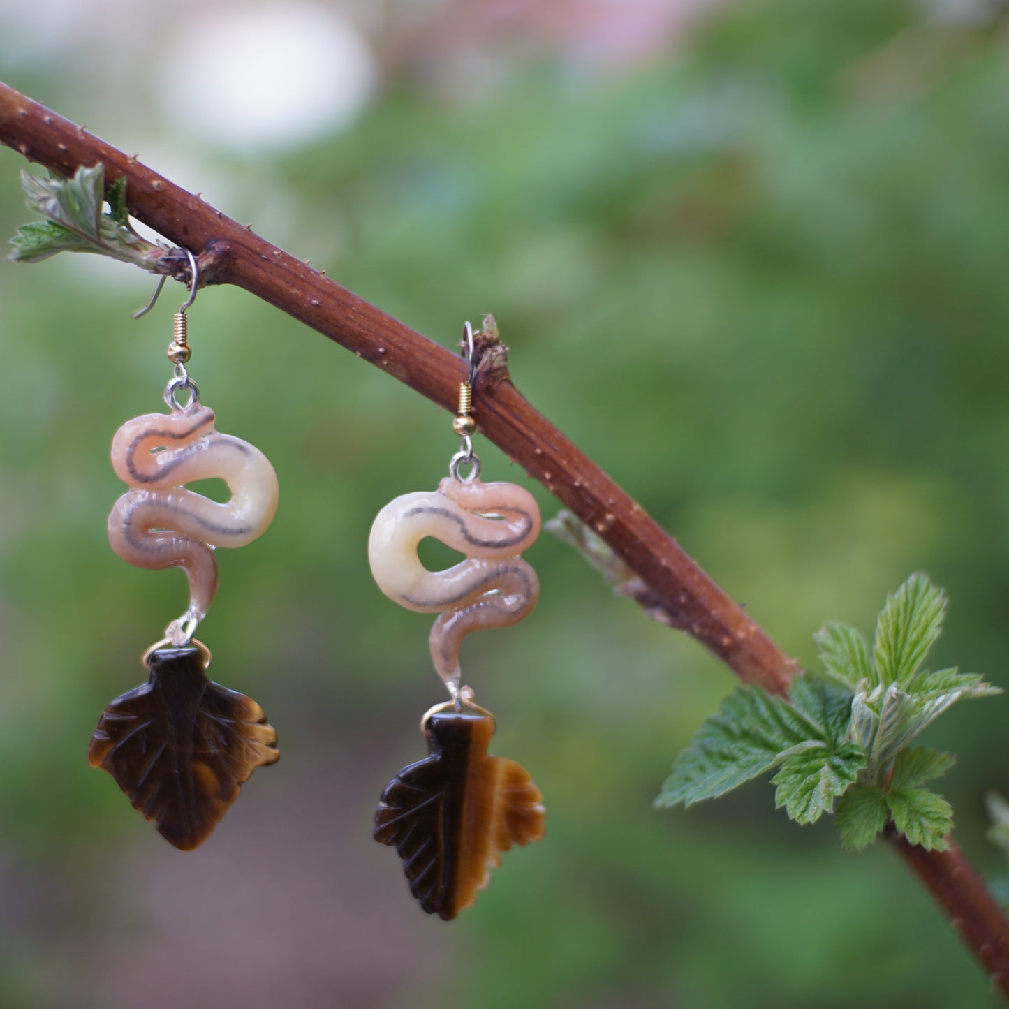 Tigers Eye Leaf Worm Earrings